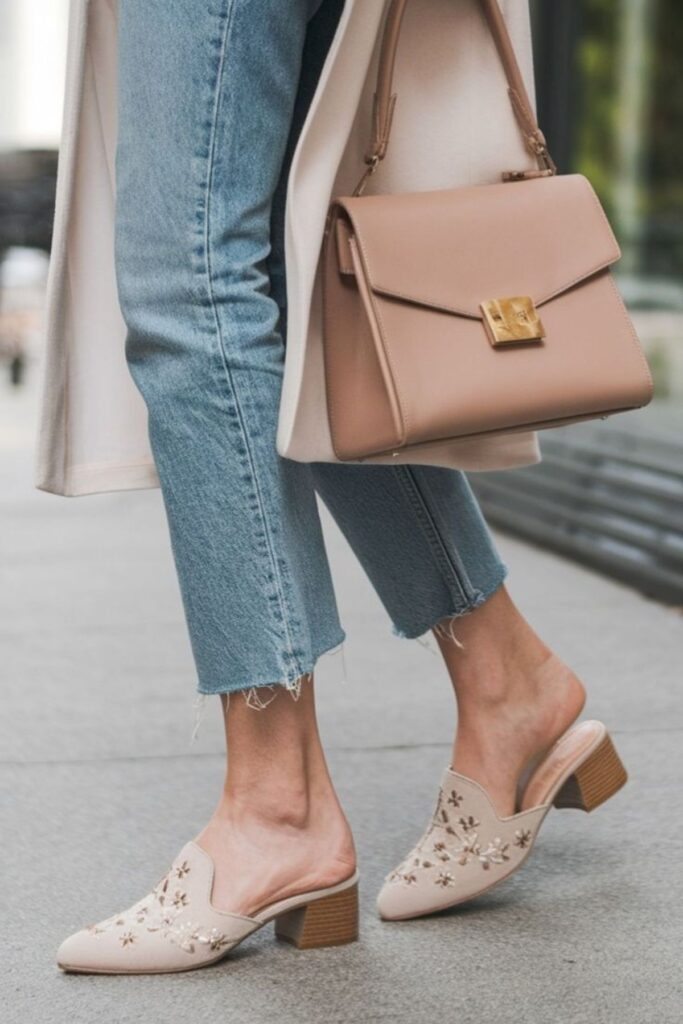 a petite woman wearing Low Heeled Mules