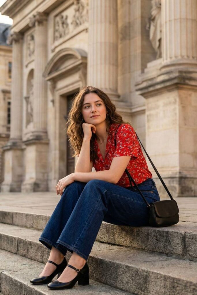 a petite woman wearing Mary Jane Heels