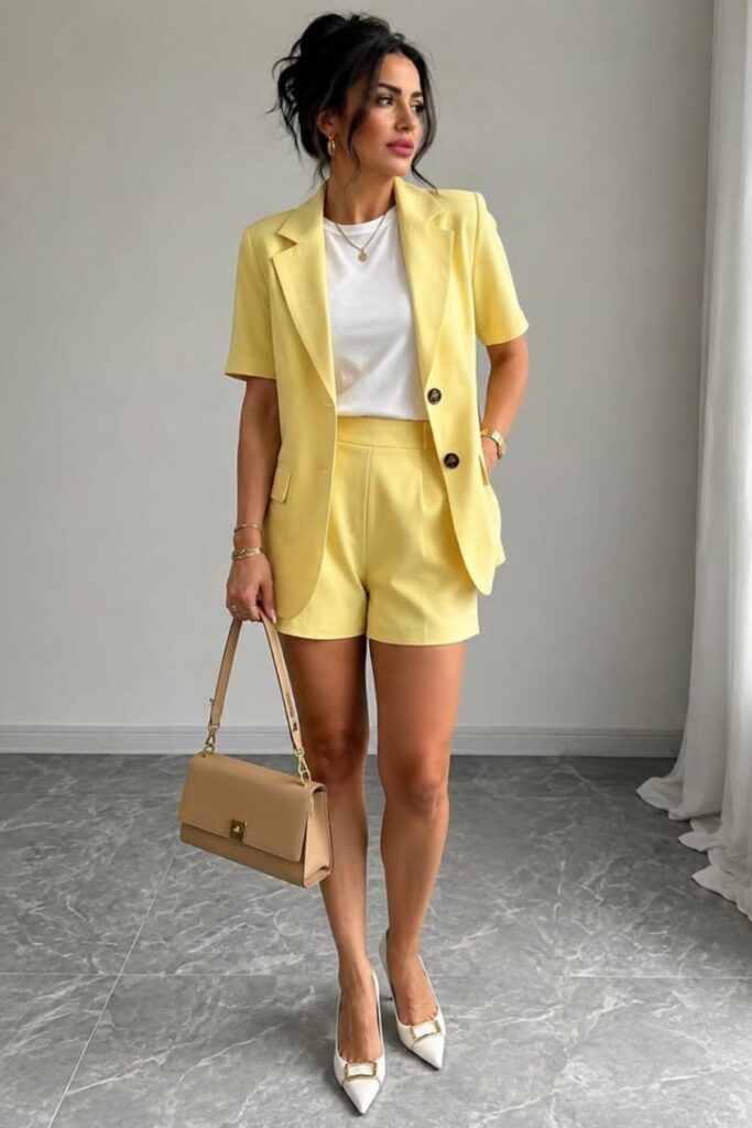 a petite woman wearing Matching Blazer And Shorts Suit