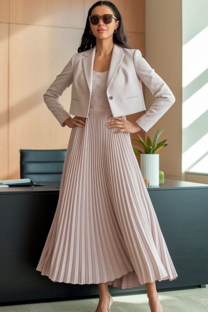 a petite woman wearing Pleated Midi Dress And Short Jacket