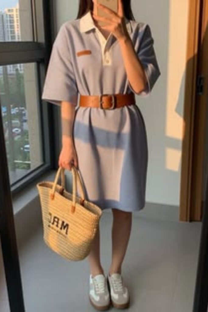 a petite woman wearing Polo Dress And Belt