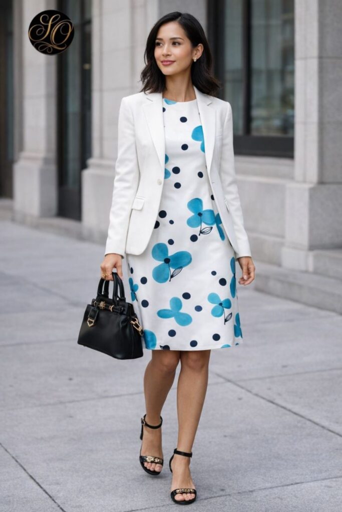 a petite woman wearing Printed Dress And Solid Blazer