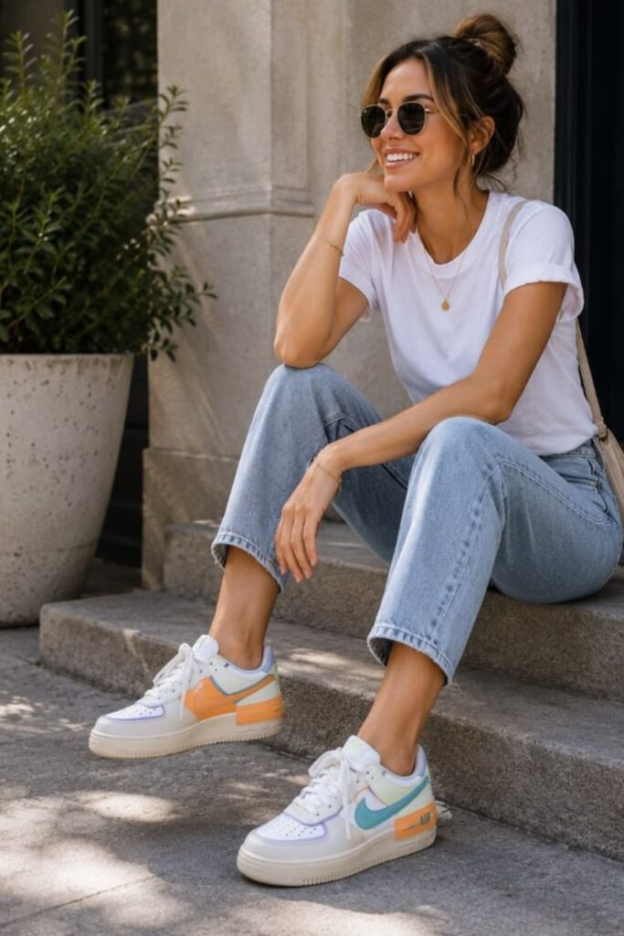 a petite woman wearing Retro-Inspired Sneakers