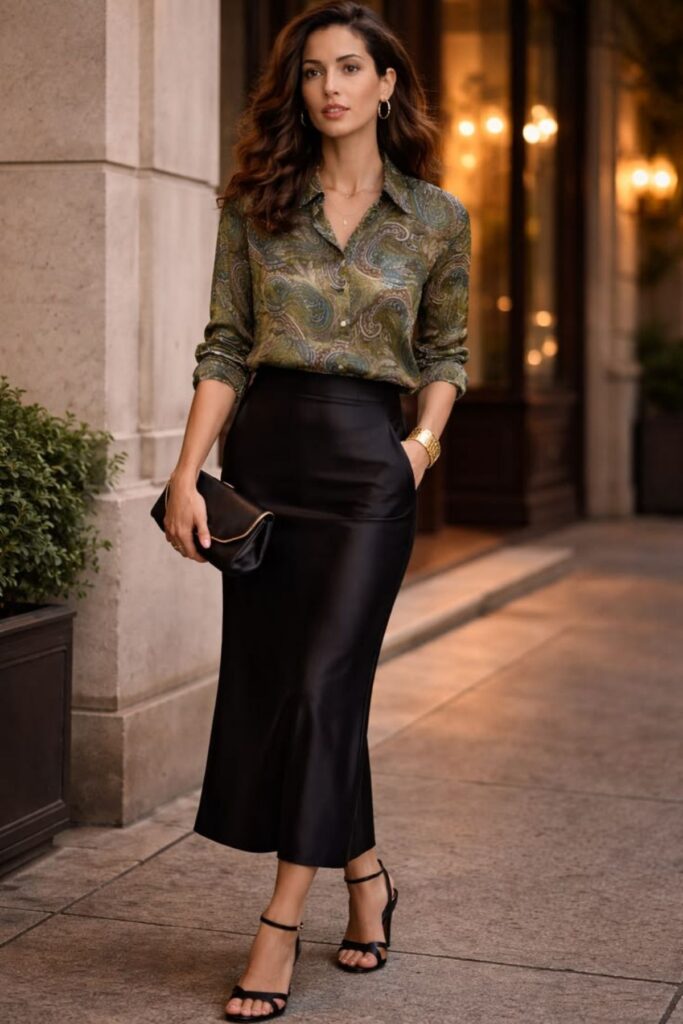 a petite woman wearing Satin Blouse And Ankle Skirt