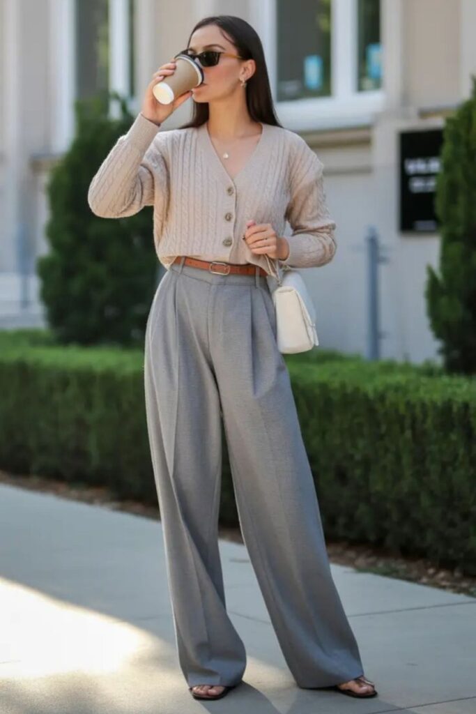 a petite woman wearing Short Cardigan And Pleated Trousers