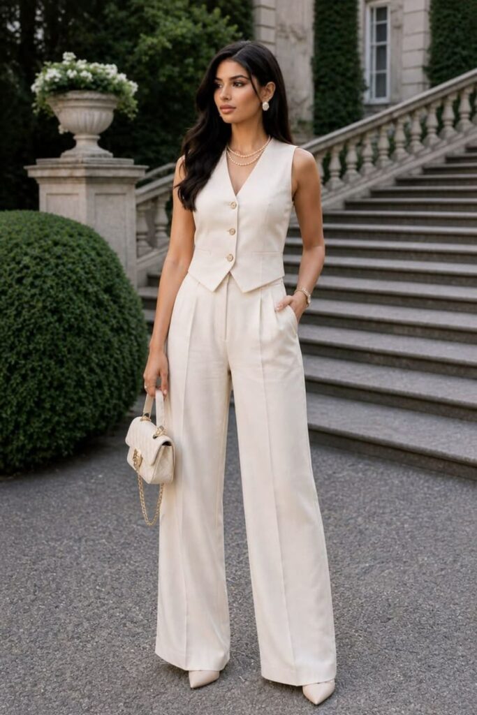 a petite woman wearing Sleeveless Shell And Suit Trousers