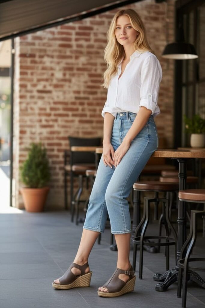 a petite woman wearing Wedge Heels