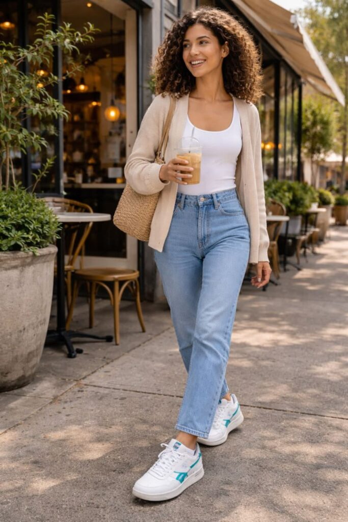 a petite woman wearing White Retro Runners