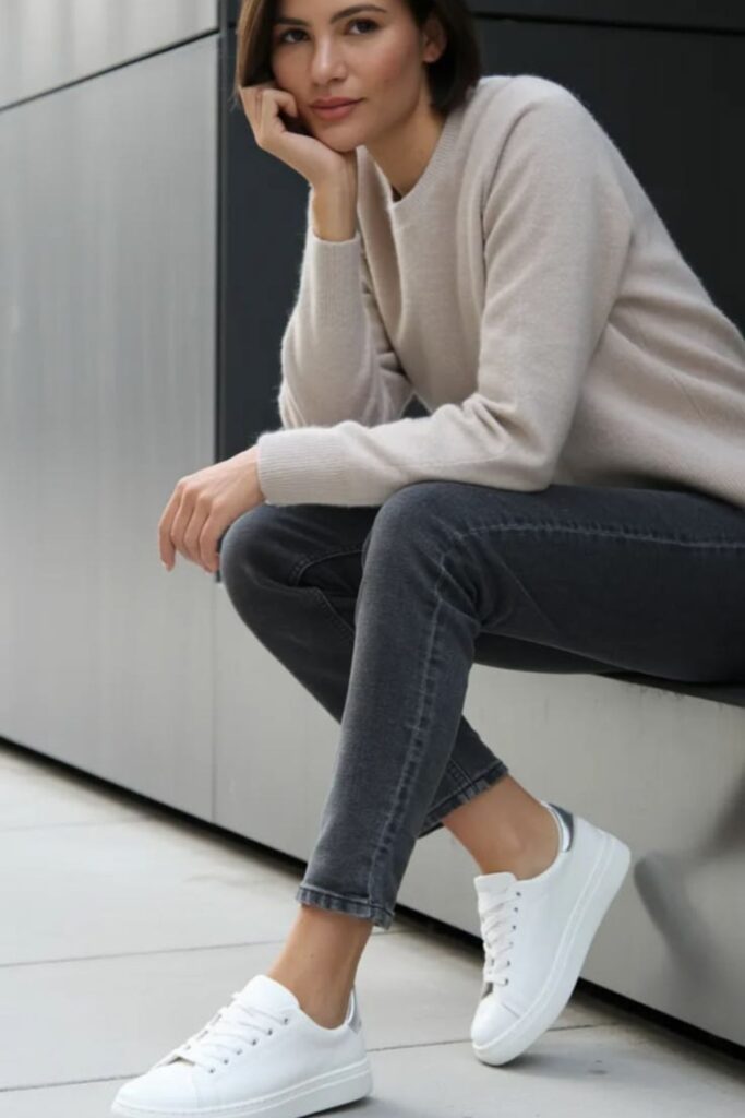 a petite woman wearing White Slip-On Sneakers