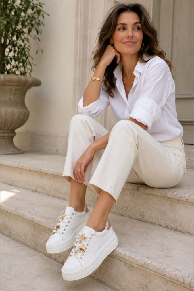 a petite woman wearing White Tennis Sneakers