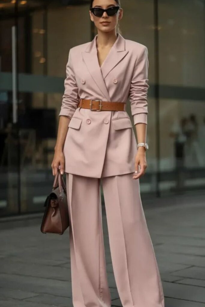 a petite woman wearing a Belted Blazer And Wide-Leg Pants