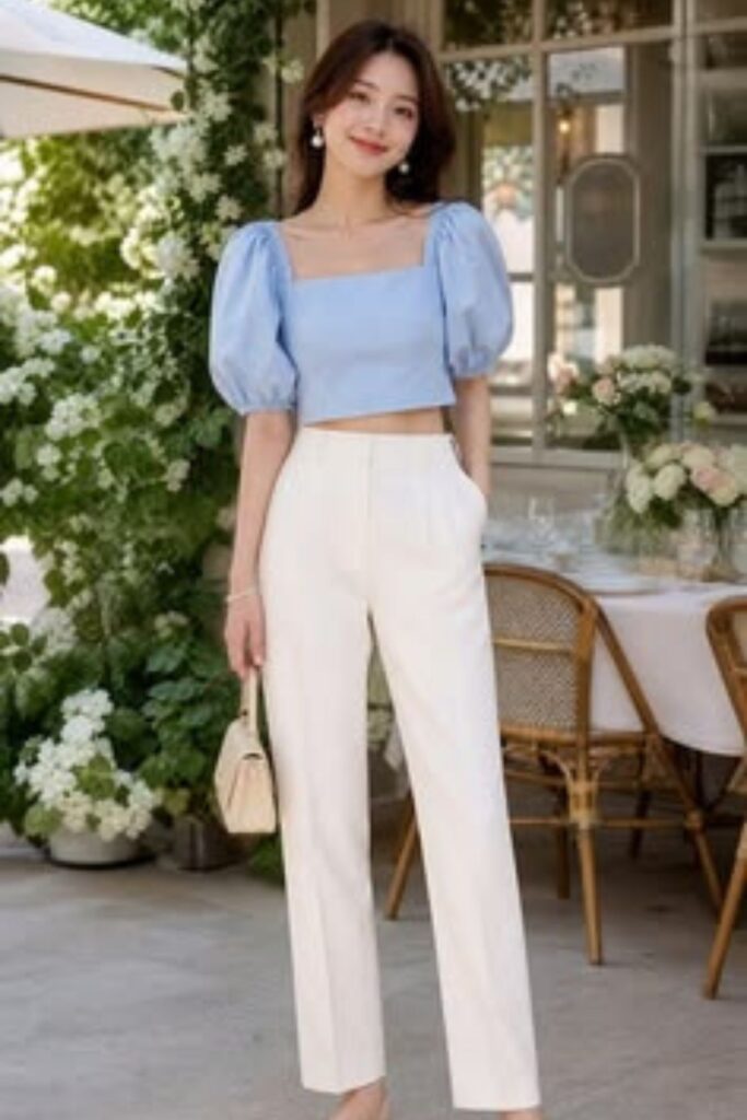 a petite woman wearing a Cropped Blouse And Pencil Pants