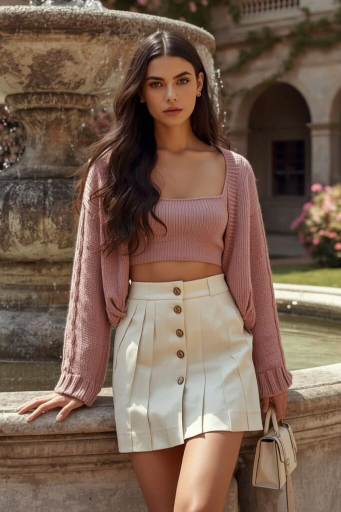 a petite woman wearing a Cropped Cardigan And Mini Skirt