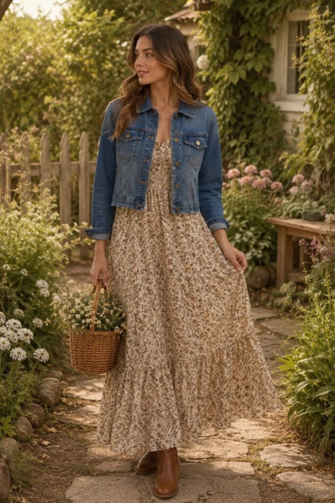 a petite woman wearing a Cropped Denim Jacket And Maxi Dress