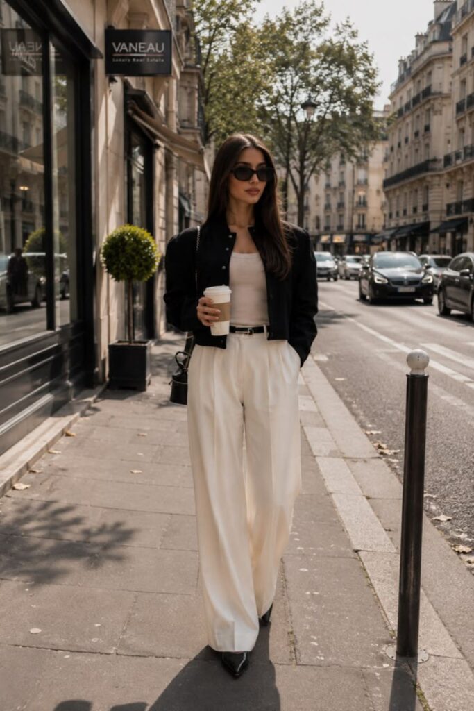 a petite woman wearing a Cropped Jacket And High-Rise Pants