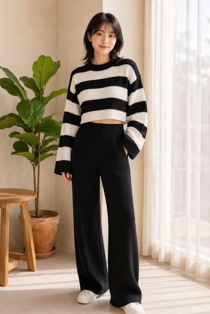 a petite woman wearing a Cropped Sweater And Wide-Leg Pants