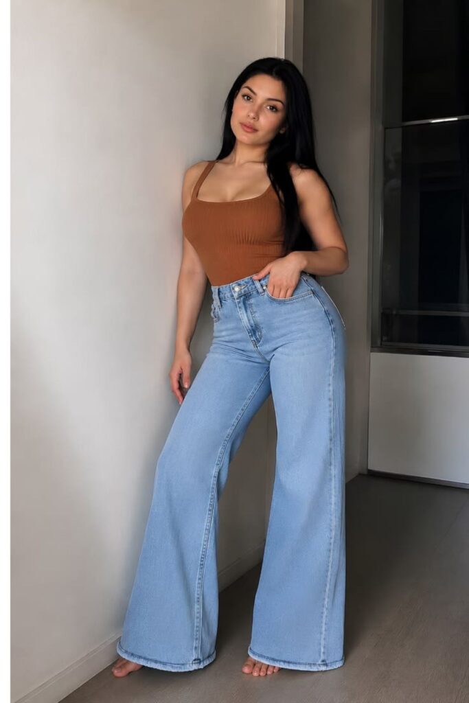 a petite woman wearing a Fitted Bodysuit And Wide-Leg Jeans