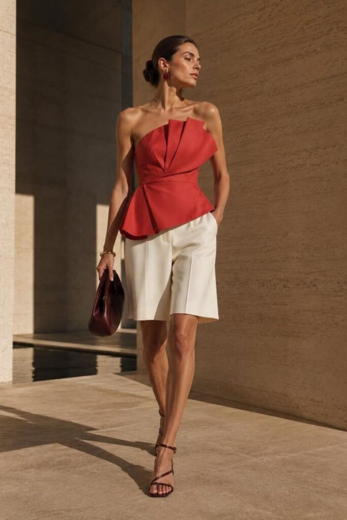 a petite woman wearing a Sculptural Tops