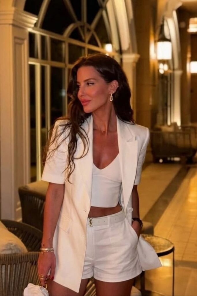 a petite woman wearing a Short-Sleeve Blazer And Tank