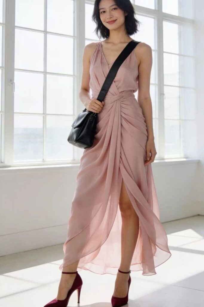 a petite woman wearing a Soft Draping