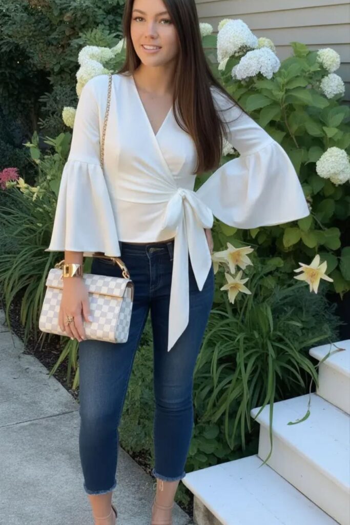 a petite woman wearing a Wrap Top And Straight Jeans