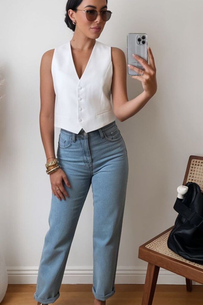 a petite woman wearing a cropped vest and jeans