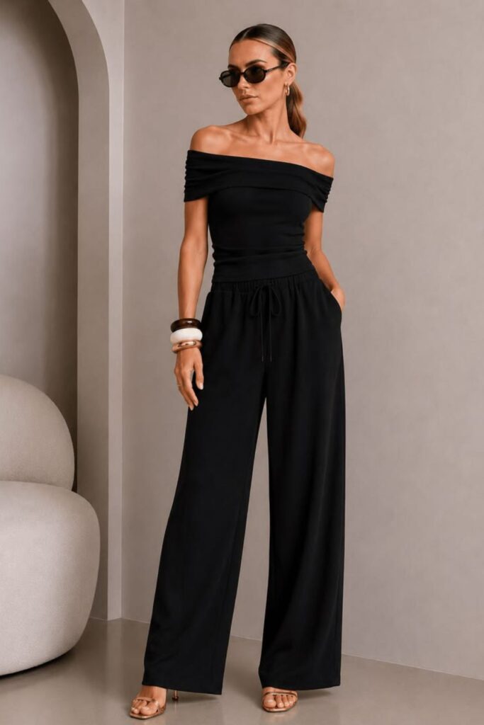 a petite woman with broad shoulder wearing black top and pant