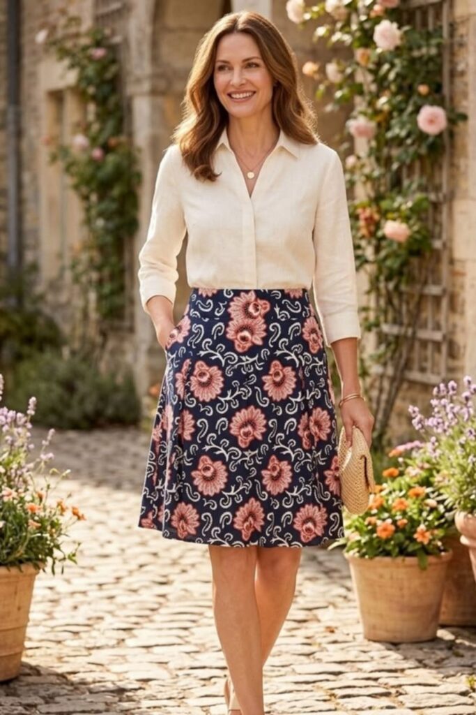 a petite woman with broad shoulder wearing floral flare skirt and blouse 