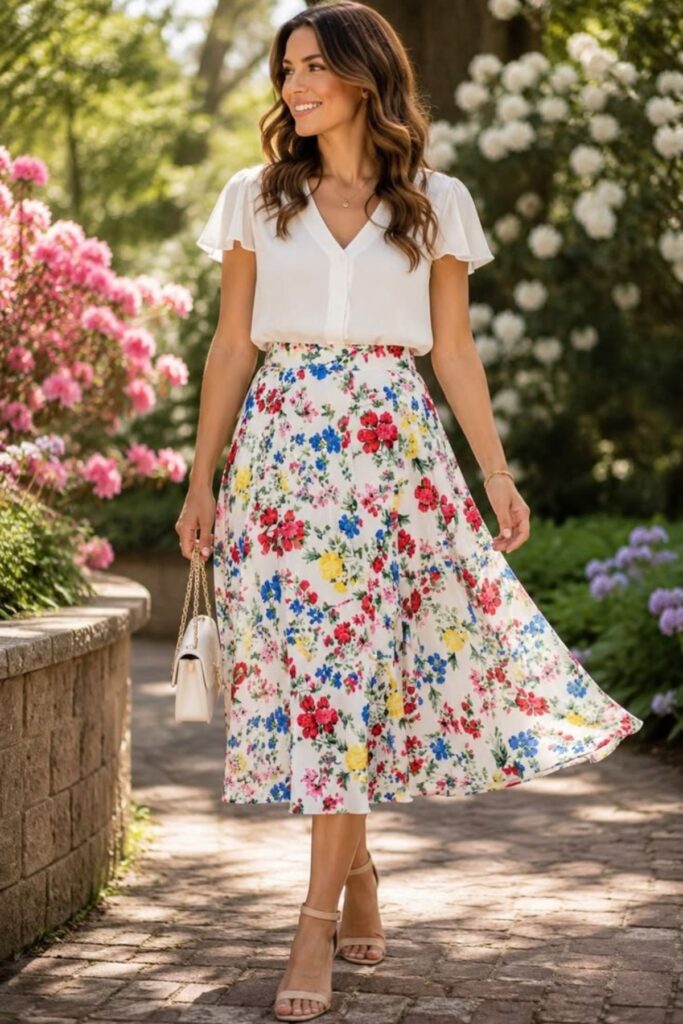 a petite woman with broad shoulder wearing floral flare skirt and blouse