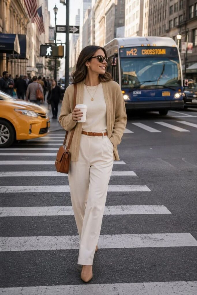 Camel Cardigan With White Trousers