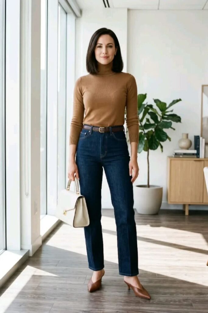 Camel Sweater With Dark Denim
