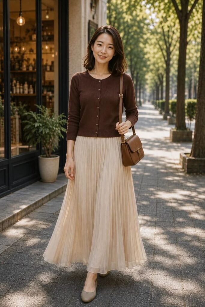 Chocolate Brown Cardigan With Cream Skirt