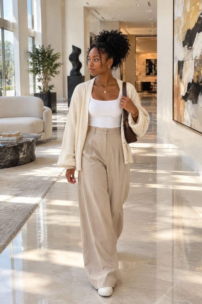 Cream Cardigan With Pleated Trousers