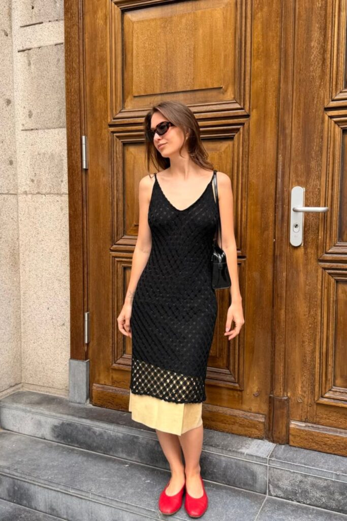 Fitted Black Knit Dress With Ballet Flats