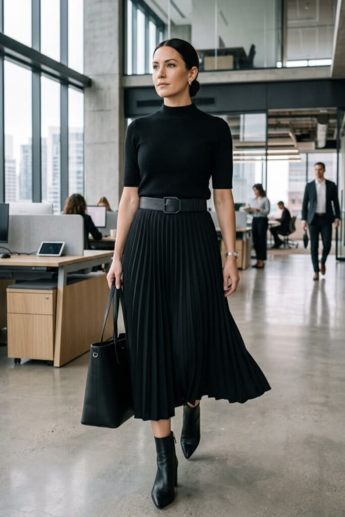 Monochrome Black Midi Skirt Outfit
