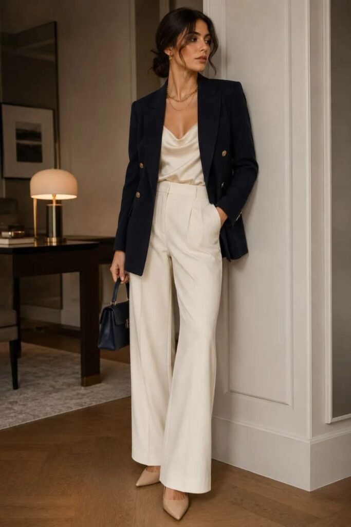Navy Blazer With Cream Trousers