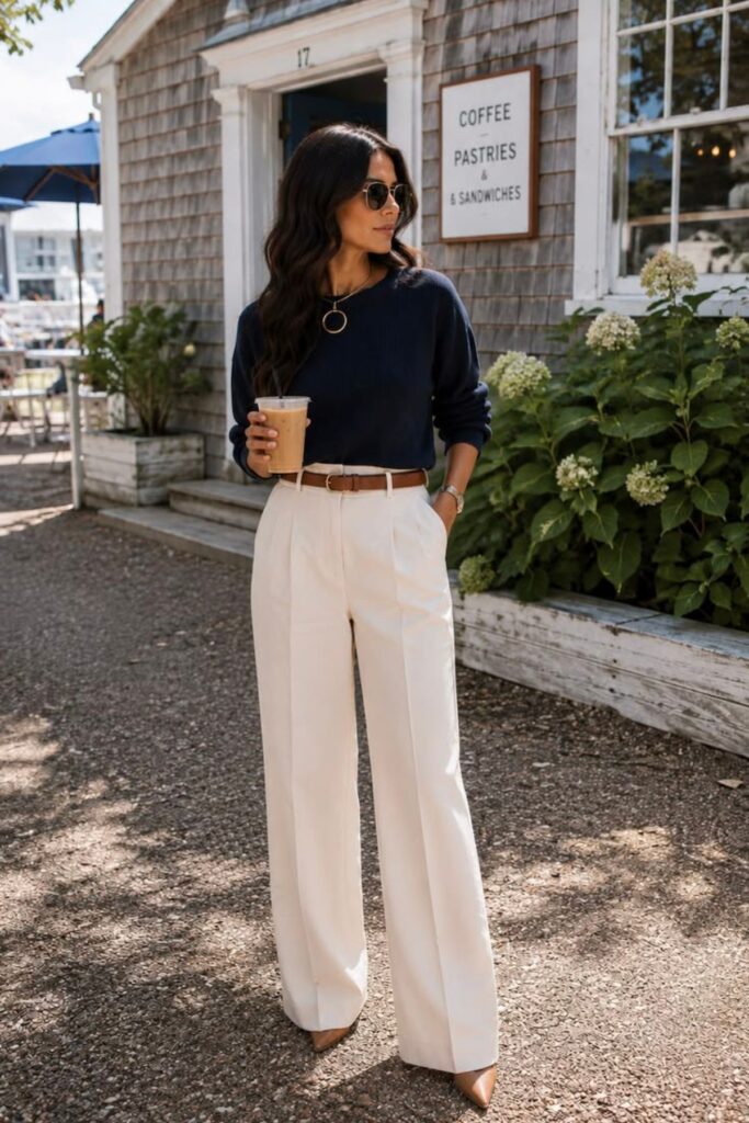 Navy Sweater With Cream Trousers