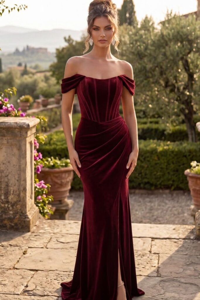 Petite Off-Shoulder Velvet Gown