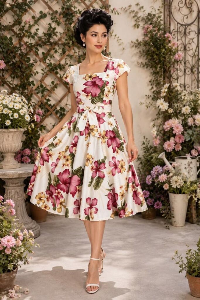 Petite Tea-Length Floral Dress