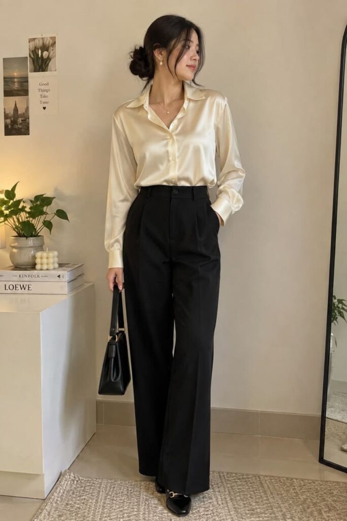 Silk-Look Blouse With Black Trousers
