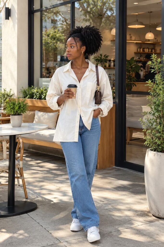 White Button-Up Shirt With Straight-Leg Jeans