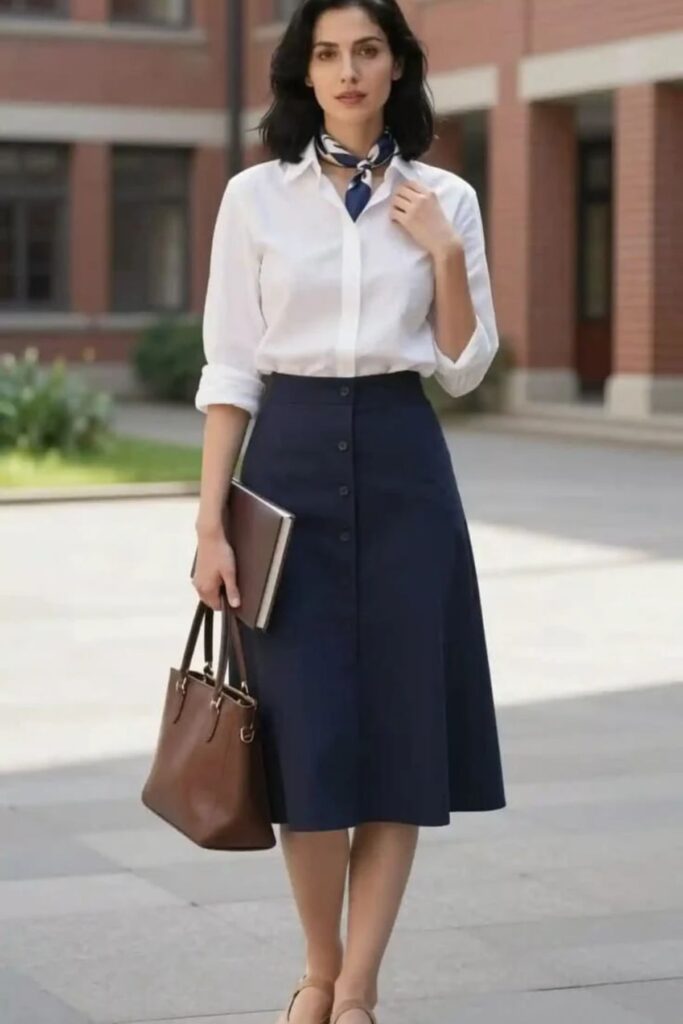 White Oxford Shirt With Navy Skirt