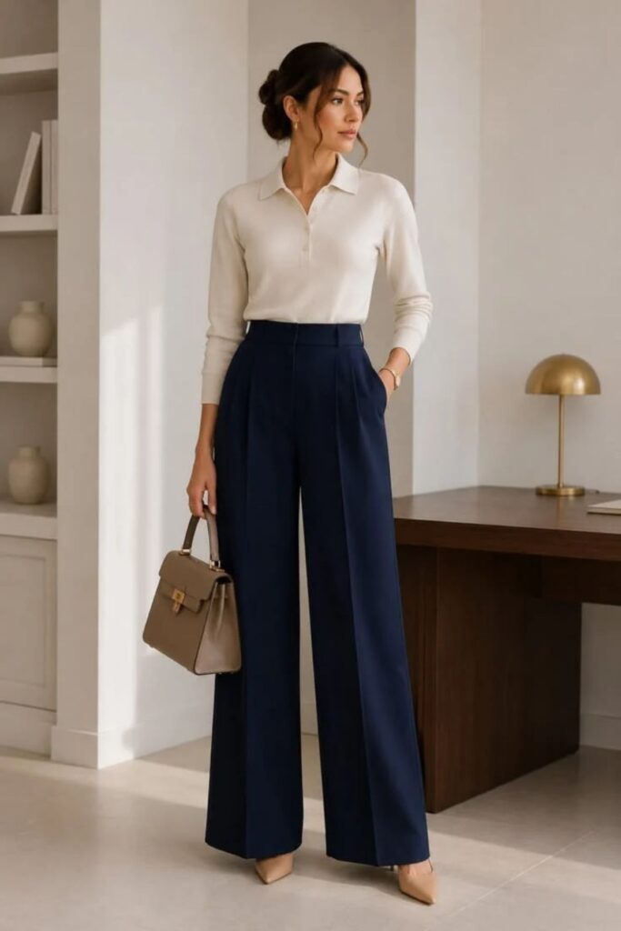 White Polo Sweater With Navy Trousers