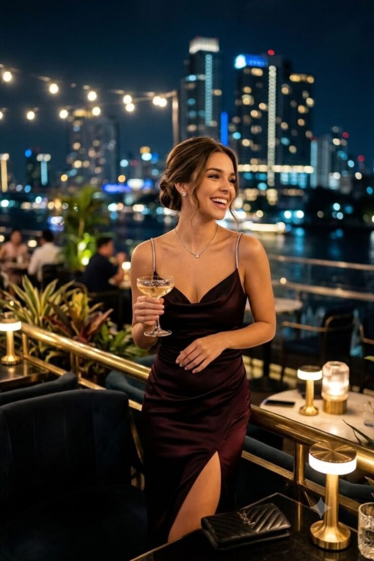 a petite woman at a cocktail party
