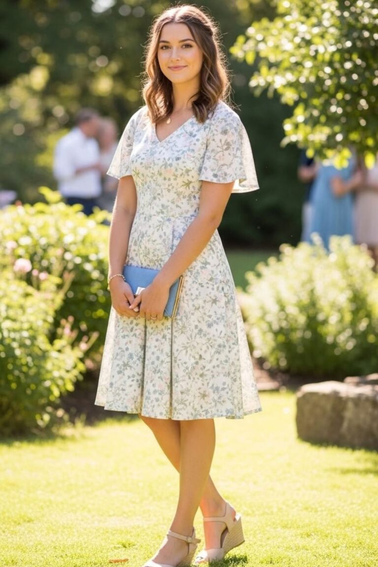 a petite woman at a garden wedding