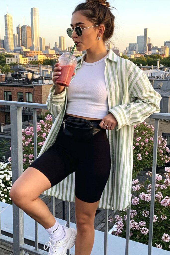 a petite woman wearing Bike Shorts With An Oversized Button-Down