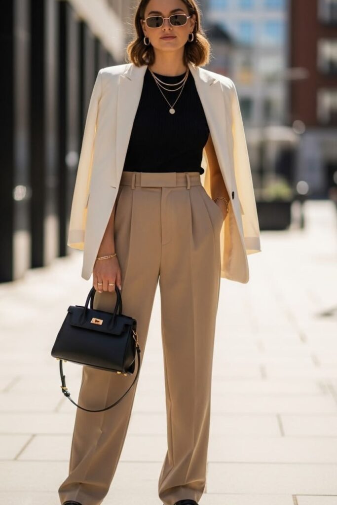 a petite woman wearing Blazer And Pleated Trousers
