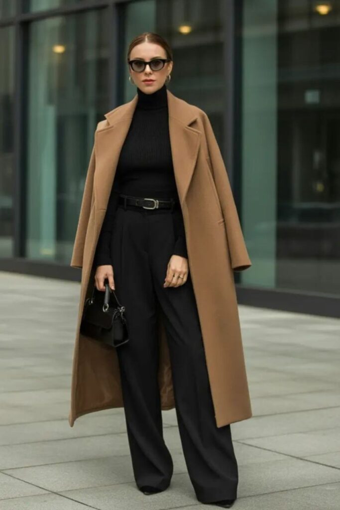 a petite woman wearing Camel Coat And Black Trousers