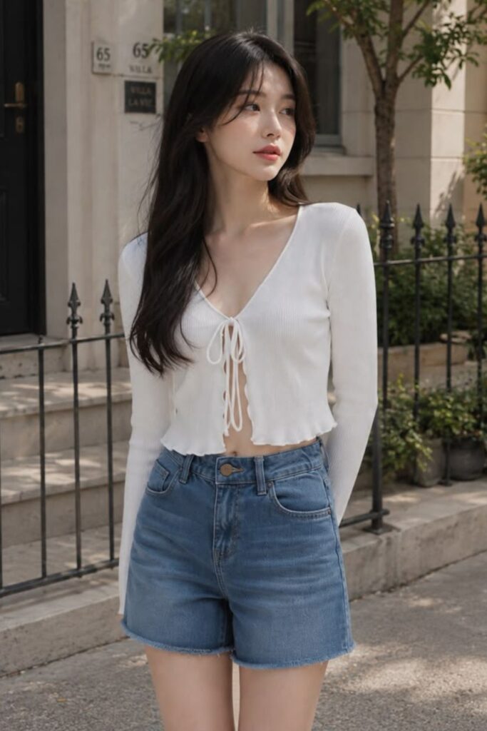 a petite woman wearing Cropped Cardigan And Denim Shorts
