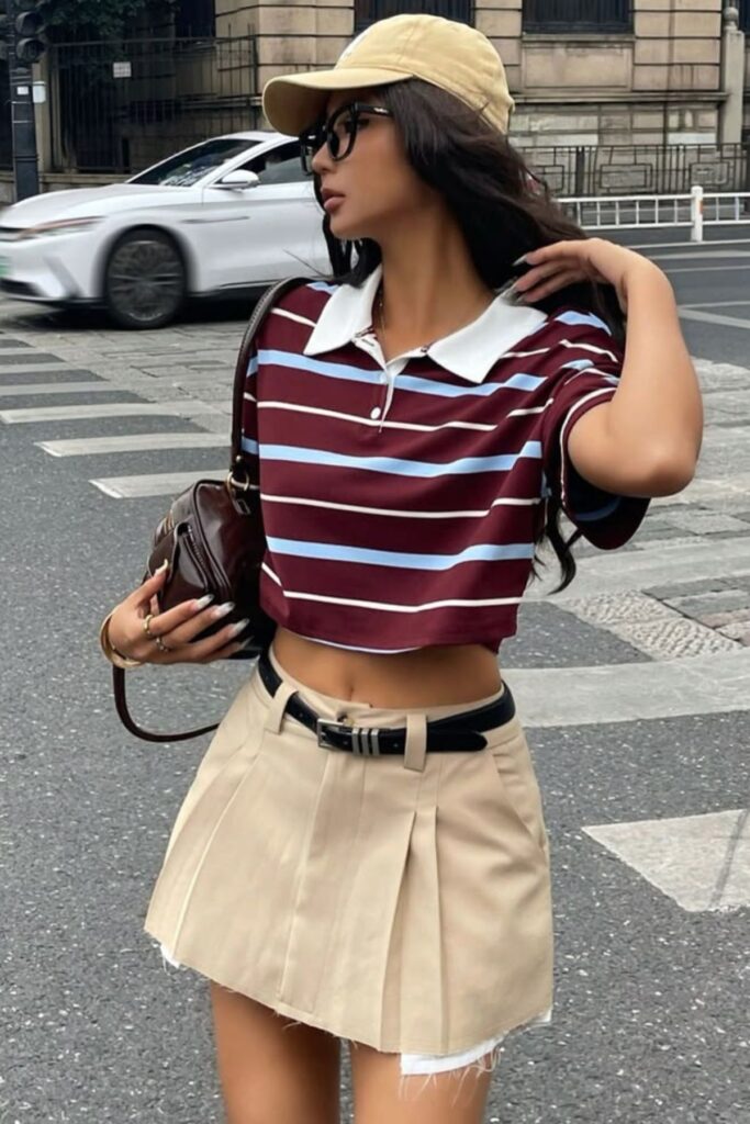 a petite woman wearing Cropped Polo And Pleated Skirt